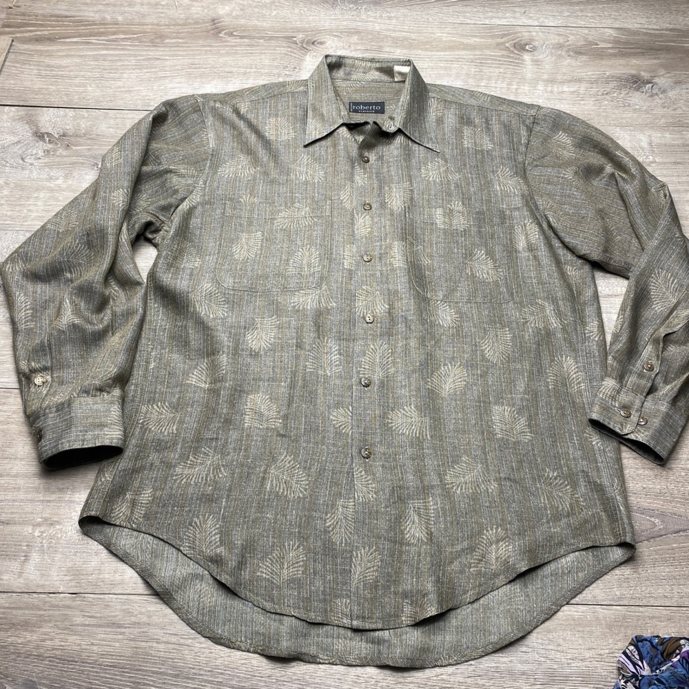 Roberto Classico Shirt‎ Mens XL Green Palm Leaf Print Long Sleeve Cotton Italy